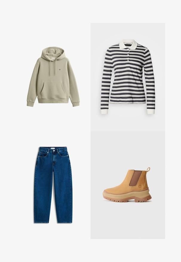 Lyse beige pullover hoodie med forrest kængurulomme, snoretræk i hætten, ribstrikkede manchetter og kant, samt lille broderet logo på brystet.; Langærmet polo med marineblå og hvide striber, lavet af bomuld, med tre-knaps slids og ribstrikkede manchetter. Klassisk kravedesign.; Blå denimjeans med en afslappet pasform, lige ben, fem-lomme-design og knaplukning. Har subtile syningsdetaljer.; Brune læder ankelstøvle med elastiske sidepaneler, afrundet tå og tyk gummisål med dyb profil; har en trækstrop bag på hælen.