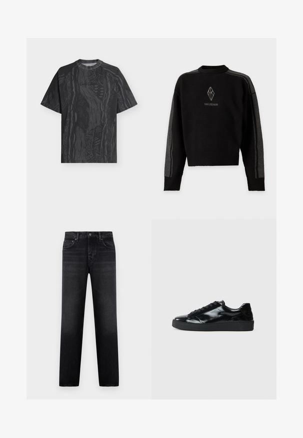 Pull noir col rond avec des rayures grises le long des manches et un logo géométrique avec texte centré sur la poitrine.; T-shirt noir à manches courtes avec col rond, motif abstrait gris foncé subtil et tissu texturé, présenté à plat sur un fond clair.; Jean noir à coupe droite avec cinq poches, passants pour ceinture, et fermeture à bouton et fermeture éclair à l'avant, présenté sur un fond uni.; Baskets en cuir verni noir avec un bout arrondi, un laçage, une semelle en caoutchouc texturé et une finition lisse.