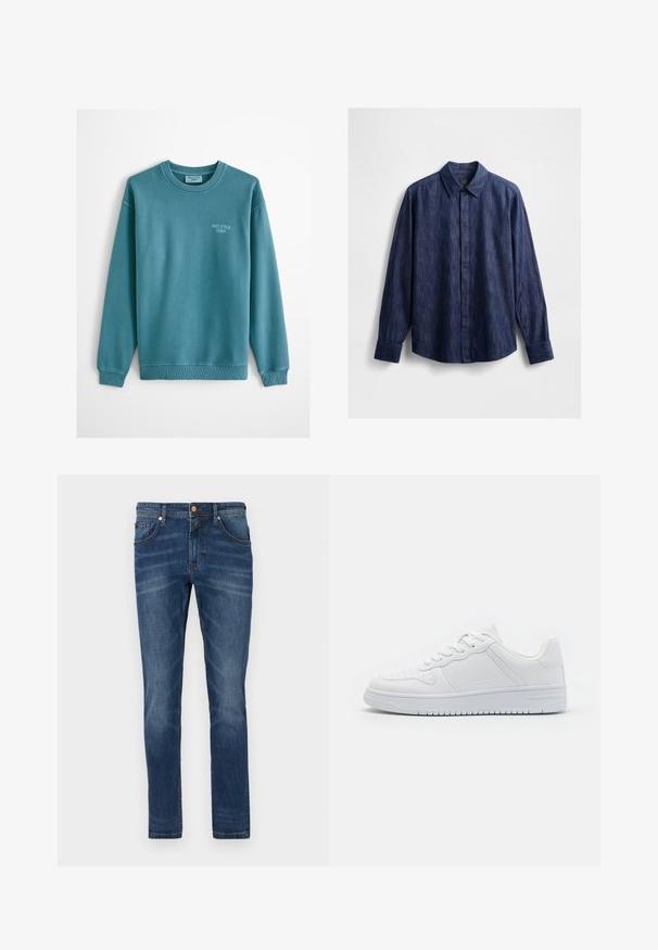 Marineblauwe crewneck sweatshirt met lange mouwen en kleine lichtblauwe "Marc O'Polo Denim" tekst op de linkerborst.; Donkerblauw denim overhemd met een klassieke kraag, lange mouwen, knoopsluiting aan de voorkant en een licht gestructureerde stof. Geen zichtbare patronen.; Donkerblauwe denim jeans met een rechte pijp, vijf zakken, subtiele vervaging, contrasterende stiksels en een knoopsluiting in de taille.; Witte sneakers van glad synthetisch materiaal, met platte veters, geperforeerde neus en een rubberen zool met een gestructureerd grippatroon.