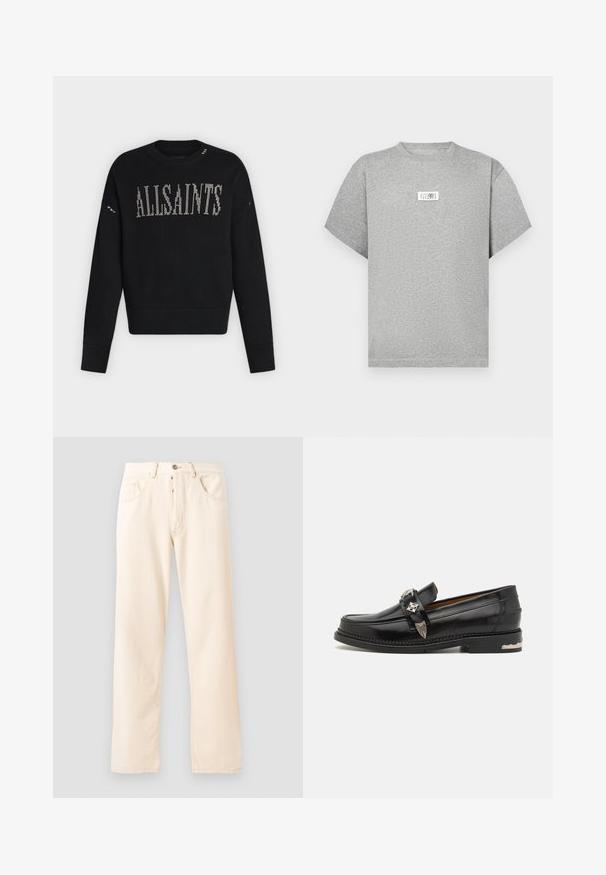 Schwarzer gestrickter Pullover mit langen Ärmeln, gerippten Bündchen und Saum, mit weißem "ALLSAINTS" Schriftzug in Kreuzstich auf der Brust.; Graues T-Shirt mit kurzen Ärmeln aus weicher Baumwolle. Verfügt vorne über ein rechteckiges Etikett mit schwarzem Text und einem minimalistischen Design.; Helle beige Denim-Jeans mit geradem Bein, fünf Taschen und einer Knopfverschluss vorne. Nähte sichtbar entlang der Nähte.; Schwarze Lederloafers mit silberner dekorativer Hardware, einem Mokassin-Style-Obermaterial, detaillierter Stickerei und einem gestapelten Absatz.