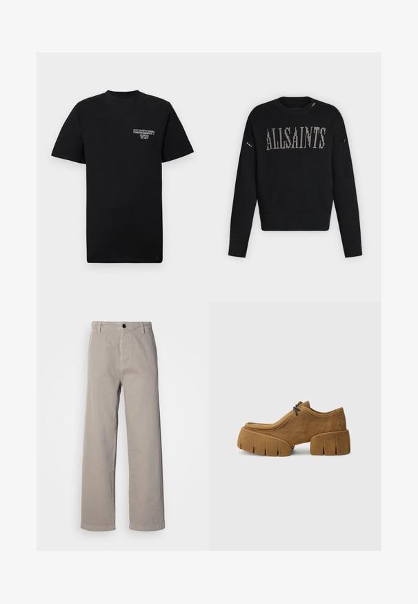 Zwart gebreide trui met lange mouwen, geribde boorden en zoom, met "ALLSAINTS" tekst in witte kruissteek op de borst.; Zwarte katoenen t-shirt met korte mouwen en een ronde hals, met een witte bedrukte logo op de linkerborst. Gladde textuur, normale pasvorm.; Beige wijde broek van zachte katoen, met een knoopsluiting en riemlussen. Glad textuur met een schoon, minimaal ontwerp.; Bruine suède schoen met een dikke rubberen zool, afgeronde neus en een stevige geribbelde buitenzool. Heeft een minimalistisch ontwerp met subtiele veters.