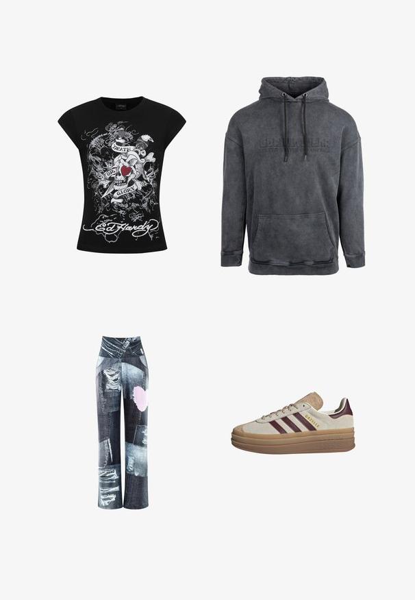 Donkergrijze hoodie van zachte stof, met een reliëflogo en een trekkoordkap, voorzien van een voorzak en ribgebreide manchetten en zoom.; Ed Hardy WOMENS DEATH OR GLORY LOVE CAP SLEEVE - T-shirt print - black; Spijkerbroek met een patchworkdesign in donkerblauw, lichtblauw en grijs, met verweerde details en een roze hartaccent aan de voorkant.; Beige suède sneakers met bordeauxrode strepen, witte accenten, een chunky doorschijnende zool en verhoogde branding aan de zijkant. Vetersluiting.