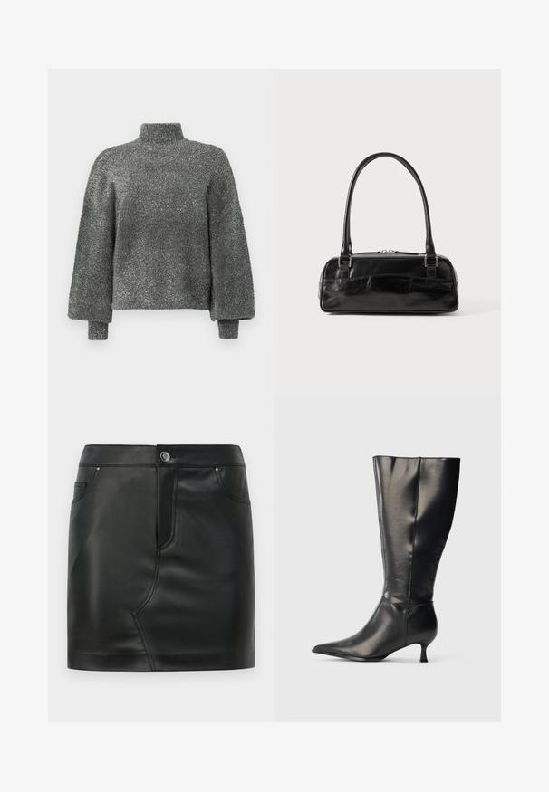 Metallic grijze, hoogsluitende trui met lange, iets oversized mouwen. Geweven, sprankelend materiaal met een relaxed fit en geribde boorden.; Zwarte nepleer mini-rok met een voorknop, ritsluiting, voor- en achterkant zakken, en naaddetail.; Zwarte leren kniehoge laars met puntige neus en lage kittenhak, weergegeven op een effen lichte achtergrond.; Zwarte leren handtas met een rechthoekige vorm, voorzien van een enkele gestructureerde handgreep, zilveren hardware en ritsluiting. Gladde textuur.