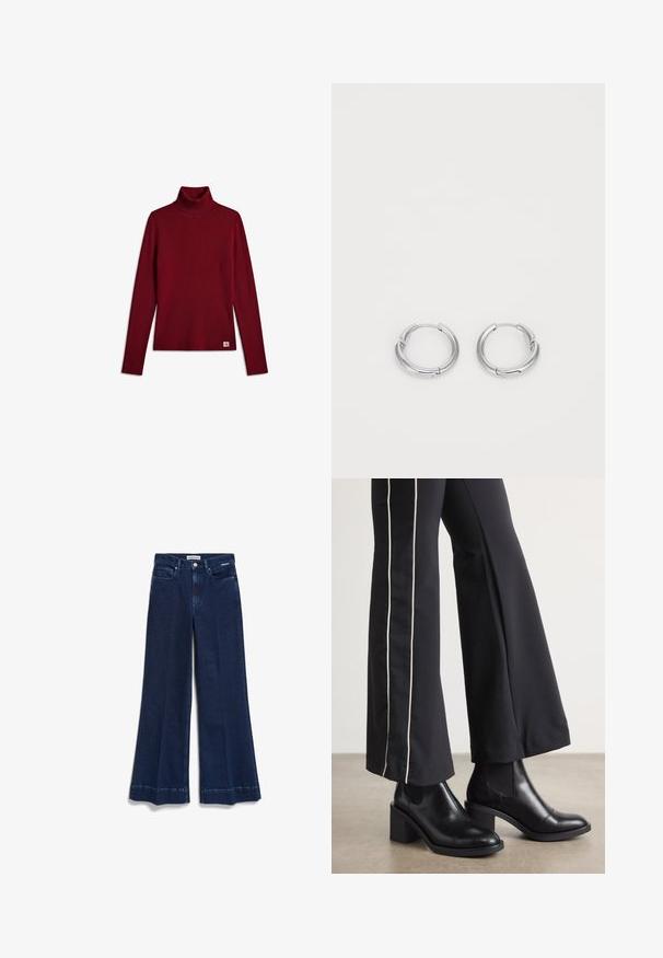 Langärmliger dunkelroter, gerippter Rollkragenpullover mit kleinem weißen Logoetikett am unteren Saum auf weißem Hintergrund.; Weit geschnittene dunkelblaue Jeans mit klassischem Fünf-Taschen-Design, vorderem Knopfverschluss und rohem Saum mit Seitennähten für einen strukturierten Look.; Schwarze Lederstiefeletten mit einem Blockabsatz, ausgestattet mit elastischen seitlichen Einsätzen. Kombiniert mit schwarzen Hosen, die einen weißen Seitenstreifen haben.; Silberne Creolen mit glatter, polierter Oberfläche. Kreisform mit einem kleinen Verschlussdetail für den Schließmechanismus. Minimalistisches Design, leicht.