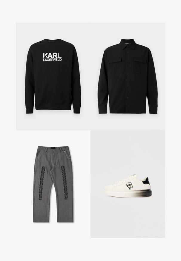 Schwarzer Pullover aus Baumwolle mit langen Ärmeln. Verfügt über ein großes weißes aufgedrucktes Logo "KARL LAGERFELD" auf der Vorderseite. Klassisches Rundhalsausschnitt-Design.; Schwarzes Langarmshirt aus glattem Stoff, mit klassischem Kragen, vorderen Knöpfen und zwei Brusttaschen. Einfaches Design ohne Muster.; Grau karierte Hose mit schwarzem Textdetail an den Seiten, mit einer Kette als Akzent am Bund. Gerade Beinform, strukturiertes Material.; Weißer Sneaker mit einem Obermaterial aus glattem Leder, schwarzen Akzenten an der Ferse und einem Cartoon-Logo. Verfügt über eine dicke, leicht transparente Sohle.