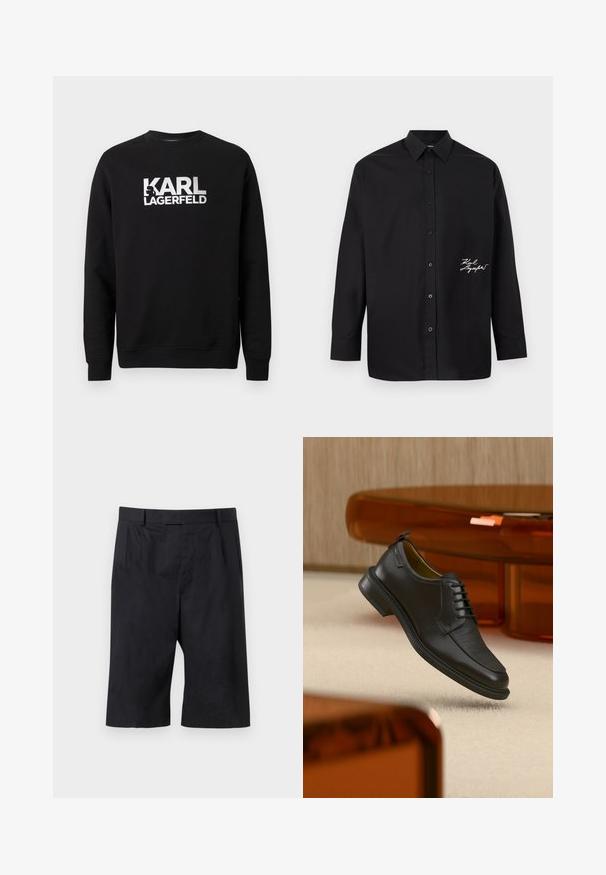 Sweat-shirt noir en coton à manches longues. Présente un grand logo imprimé blanc « KARL LAGERFELD » sur le devant. Conception classique à col rond.; Chemise noire à manches longues avec col pointu et détail de signature cursive blanche sur le bas du côté droit avant.; Shorts noirs sur mesure longueur genou avec passants pour ceinture et plis à l'avant, posés à plat sur un fond gris clair.; Chaussure habillée noire en cuir à lacets avec devant texturé, flottant au-dessus d'un tapis beige dans une pièce moderne avec des meubles teintés d'ambre.