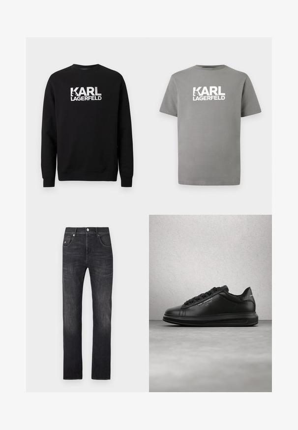 Sort sweatshirt lavet af bomuld med lange ærmer. Har et stort hvidt printet logo "KARL LAGERFELD" på forsiden. Klassisk rund hals.; Grå bomuld T-shirt med rund halsudskæring, korte ærmer og et markant hvidt logo med teksten "KARL LAGERFELD" på fronten.; Mørkegrå denimjeans med lige pasform, der har fem lommer, knaplukning og subtile falmede detaljer langs benene.; Person iført sorte Karl Lagerfeld sneakers med sorte bukser, stående på et trægulv mod en hvid panelvæg.