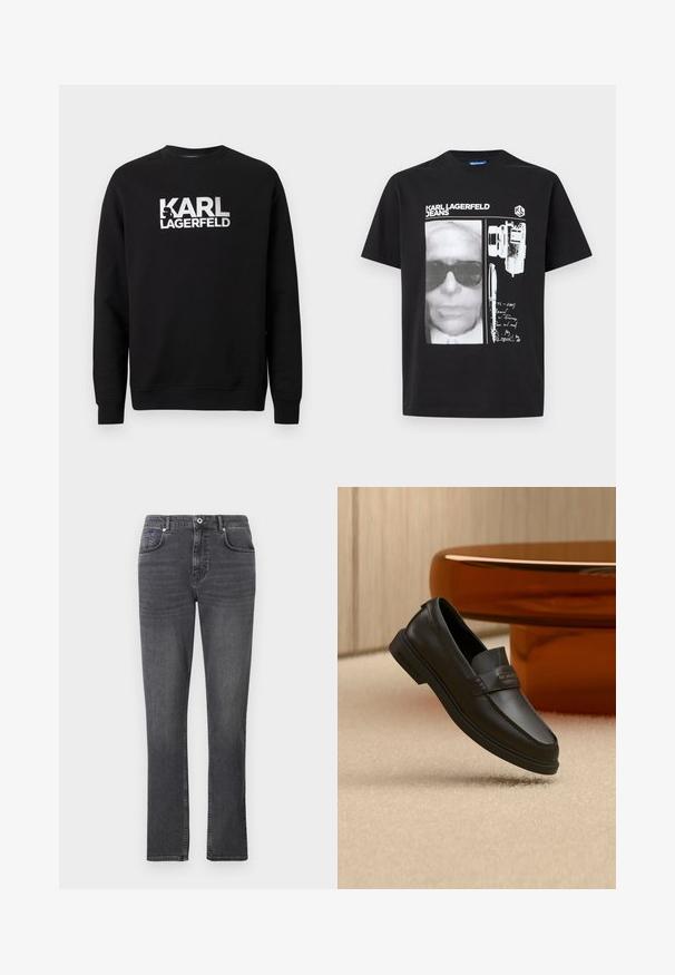 Čierna bavlnená mikina s dlhými rukávmi. Na prednej strane veľké biele potlačené logo "KARL LAGERFELD". Klasický dizajn s okrúhlym výstrihom.; Čierne tričko s bielou grafikou poltónovej tváre so slnečnými okuliarmi, fotoaparátom, perom, ručne písaným textom a logom "KARL LAGERFELD JEANS".; Šedé denimové džínsy s rovnými nohavicami, päť vreciek a jemnými švovými detailmi. Tkanina má hladkú textúru.; Čierna kožená obuv bez šnúrok s prešívanými detailmi, zvýšeným golierom a plochou gumovou podrážkou, umiestnená nad mäkkým béžovým povrchom.
