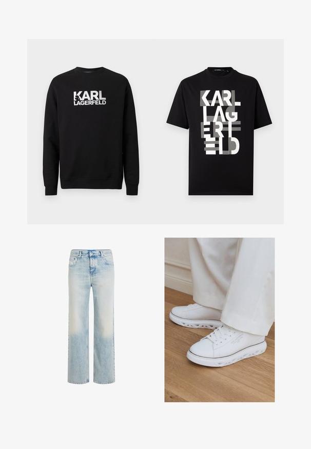 Sort sweatshirt lavet af bomuld med lange ærmer. Har et stort hvidt printet logo "KARL LAGERFELD" på forsiden. Klassisk rund hals.; Sort kortærmet T-shirt med stor hvid stiliseret tekst "KARL LAGERFELD" stablet lodret på forsiden.; Lyseblå jeans med lige ben, falmet vask, lukkes med knap og lynlås foran samt design med fem lommer.; Hvide lave sneakers med unikke udskårne såler båret med lystfarvede bukser på et trægulv.