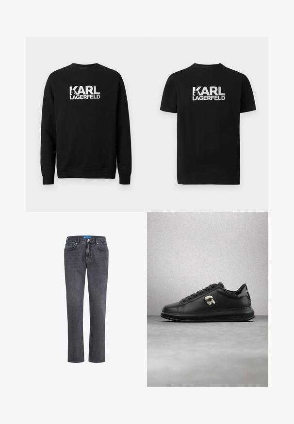 Zwarte trui van katoen met lange mouwen. Heeft een groot wit gedrukt logo "KARL LAGERFELD" aan de voorkant. Klassiek crewneck ontwerp.; Zwart T-shirt met korte mouwen en witte, gedurfde tekst "KARL LAGERFELD" met een kleine silhouetafbeelding geïntegreerd in de letter K op de borst.; Donkergrijze denim jeans met een recht model, vijf zakken en een blauw etiket op de tailleband. Voorzien van een klassieke knoop- en ritssluiting.; Persoon draagt zwarte leren broek en zwarte sneakers met een klein cartoonaccessoire aan de zijkant, staand op een houten vloer.