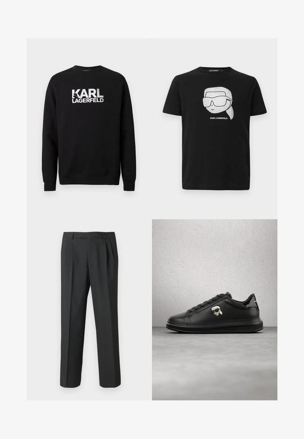 Čierna bavlnená mikina s dlhými rukávmi. Na prednej strane veľké biele potlačené logo "KARL LAGERFELD". Klasický dizajn s okrúhlym výstrihom.; Čierne bavlnené tričko s bielou grafikou stylizovanej postavy v veľkých slnečných okuliaroch, s textom "KARL LAGERFELD" pod obrázkom.; Čierne nohavice z hladkej látky, s rovnými nohavicami, skladaným predným dielom a štandardným pásom s pútkami na opasok.; Osoba nosiaca čierne kožené nohavice a čierne tenisky s malým doplnkom s postavičkou z rozprávky na boku, stojaca na drevenej podlahe.