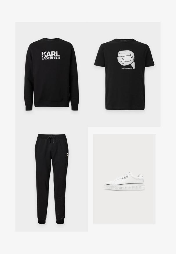 Zwarte trui van katoen met lange mouwen. Heeft een groot wit gedrukt logo "KARL LAGERFELD" aan de voorkant. Klassiek crewneck ontwerp.; Zwarte katoenen t-shirt met een witte grafiek van een gestileerd personage met grote zonnebrillen, met de tekst "KARL LAGERFELD" onder de afbeelding.; Zwarte sweatpants met een elastische tailleband en een verstelbaar koord. Heeft ribgebreide boorden en een klein grafisch detail op de bovenbenen.; Witte lage sneaker met transparante dikke zool en zwarte tekst "Karl Lagerfeld" op de zijkant tegen een effen achtergrond.