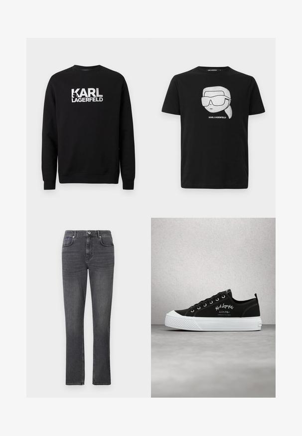 Sort sweatshirt lavet af bomuld med lange ærmer. Har et stort hvidt printet logo "KARL LAGERFELD" på forsiden. Klassisk rund hals.; Sort bomulds t-shirt med en hvid grafik af en stiliseret karakter iført store solbriller, med teksten "KARL LAGERFELD" under billedet.; Grå denimbukser med lige ben, fem lomme-design og subtile syninger. Stoffet har en glat tekstur.; Sort Karl Lagerfeld lav-topp sneaker med hvid sål og snørebånd, med mærket tekst og gummitåhætte, vist på reflekterende grå gulv.