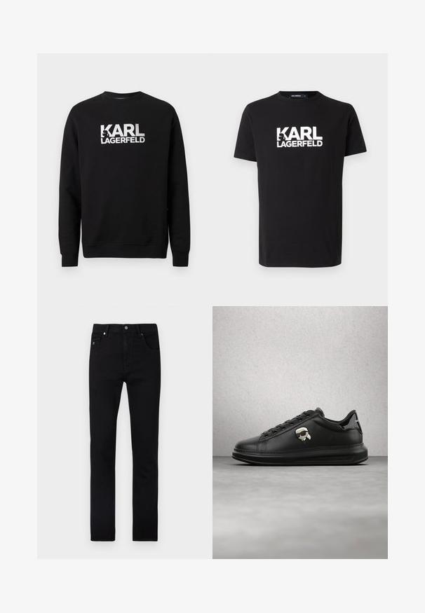 Zwarte trui van katoen met lange mouwen. Heeft een groot wit gedrukt logo "KARL LAGERFELD" aan de voorkant. Klassiek crewneck ontwerp.; Zwarte katoenen t-shirt met een vet wit "KARL LAGERFELD" logo op de voorkant, ronde hals en korte mouwen. Gladde textuur en klassieke pasvorm.; Zwarte denim jeans met een slanke pasvorm. Voorzien van vijf zakken, een knoopsluiting en een gladde textuur. Geen zichtbare patronen of accenten.; Persoon draagt zwarte leren broek en zwarte sneakers met een klein cartoonaccessoire aan de zijkant, staand op een houten vloer.