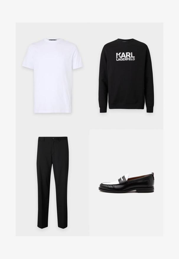 Sort sweatshirt lavet af bomuld med lange ærmer. Har et stort hvidt printet logo "KARL LAGERFELD" på forsiden. Klassisk rund hals.; Hvid bomulds T-shirt med korte ærmer, rund halsudskæring, med et diskret præget logo på venstre bryst, glat tekstur.; Sorte skræddersyede bukser med flad front, standard talje og lige ben. Lavet af glat stof, med en enkelt knaplukning.; Sort-hvid læderloafer med syning, lav hæl og slip-on design, vist fra siden på en ensfarvet baggrund.