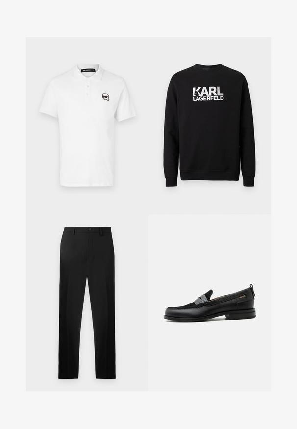 Mustast puuvillast dressipluus pikkade varrukatega. Ees suur valge trükitud logo "KARL LAGERFELD". Klassikalise ümmarguse kaelusega disain.; Valge lühikeste varrukatega polo särk, kolme nööbiga krae ja must tikitud koomiksiteemaline logo vasakul rinnal.; Mustad musta värvi trikood, mis on valmistatud siledast kangast, sirgete jalgade lõikega, ees volditud ja nööbiga kinnitamine vööl.; Must nahast loafer halli rihma detailiga, madala kand ja tekstuurse tallaga, külgedel kuldse "HUGO" brändiga.