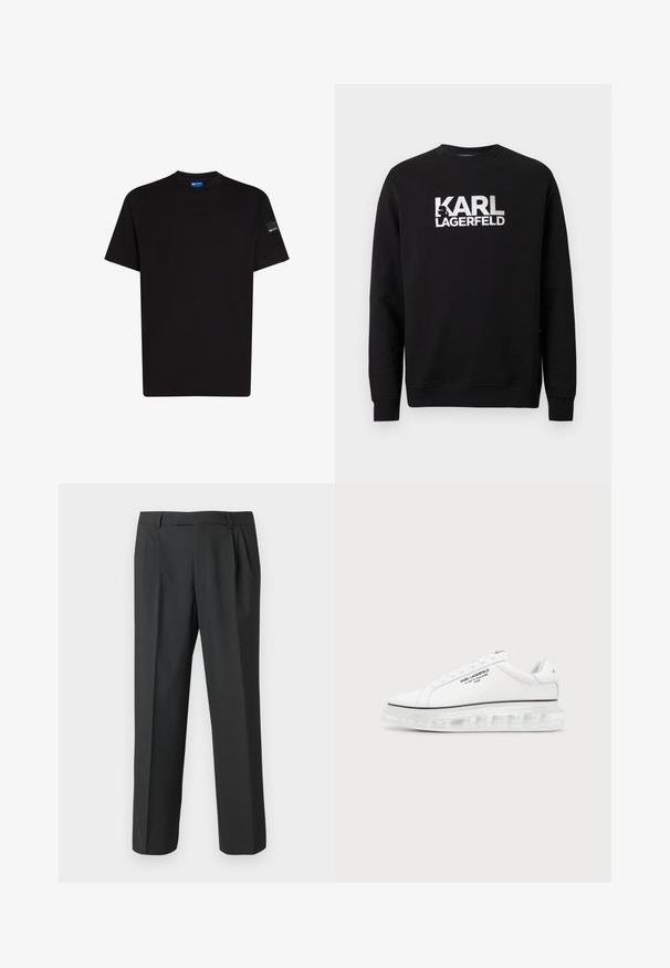 Sort sweatshirt lavet af bomuld med lange ærmer. Har et stort hvidt printet logo "KARL LAGERFELD" på forsiden. Klassisk rund hals.; Sort bomulds t-shirt med korte ærmer, rund halsudskæring og en lille mærke detalje på venstre ærme. Glat tekstur, standard pasform.; Sorte bukser lavet af glat stof med et lige ben-design, plisseret forside og standard linning med bæltestropper.; Hvid Karl Lagerfeld sneaker med sort tekstlogo og gennemsigtig tyk sål på en ensfarvet lys baggrund.