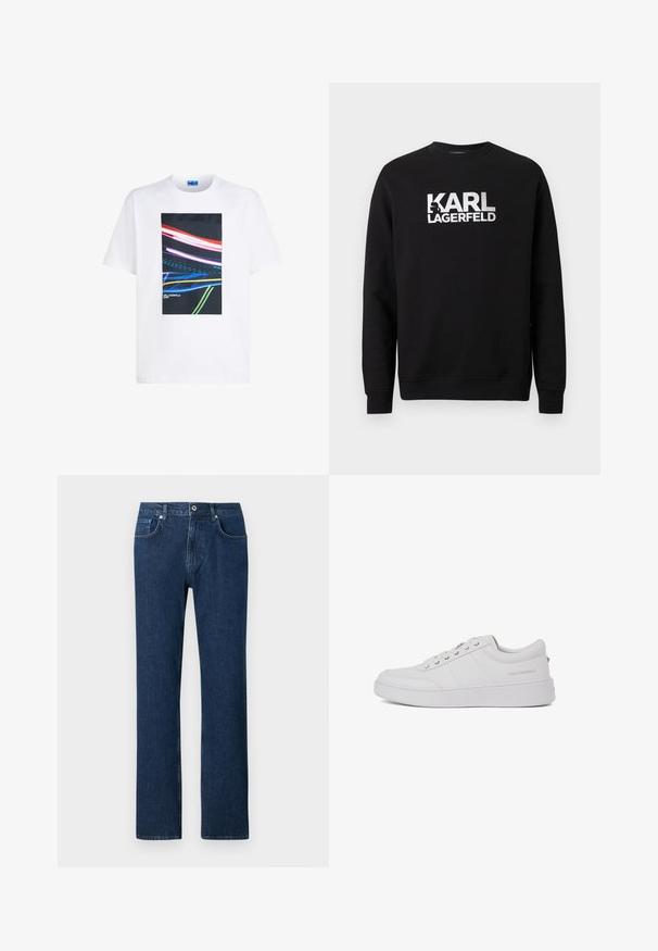 Sudadera negra de algodón con mangas largas. Presenta un gran logo impreso en blanco "KARL LAGERFELD" en el frente. Diseño clásico de cuello redondo.; Camiseta de algodón blanca con un gráfico rectangular central que presenta franjas de luz coloridas en rojo, azul y verde sobre un fondo negro.; Jeans de denim azul oscuro con corte recto, que cuentan con un cierre frontal de botón, presillas para cinturón y un diseño de bolsillo estándar.; Zapatillas de cuero blanco con un diseño clásico de corte bajo, suela plana y un sutil logo de la marca en el talón. Cuenta con cinco ojales metálicos para los cordones.