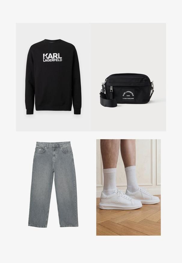 Sort sweatshirt lavet af bomuld med lange ærmer. Har et stort hvidt printet logo "KARL LAGERFELD" på forsiden. Klassisk rund hals.; Lysegrå denimbukser med lige ben, fem lommer og knappelukning. Har diskret branding på den forreste linning.; Ben iført hvide ribstrikkede crew-sokker og hvide Karl Lagerfeld sneakers stående på lyst trægulv.; Sort nylon crossbody taske med lynlås, justerbar rem og et hvidt mærke med teksten "Karl Lagerfeld Paris." Kompakt design.