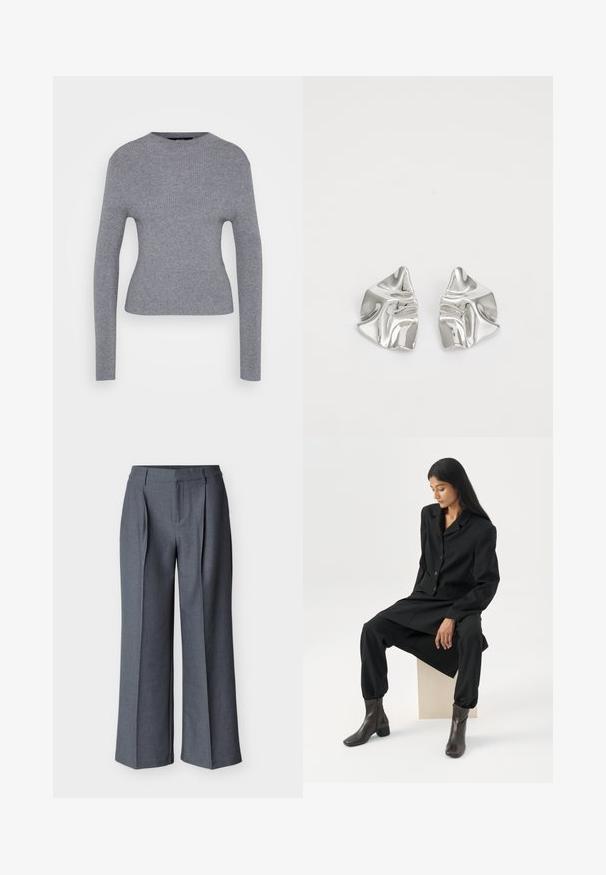 Grauer, gerippter Langarmpullover mit Rundhalsausschnitt und taillierter Silhouette, auf einem schlichten weißen Hintergrund präsentiert.; Graue, maßgeschneiderte Hose mit weitem Bein, plissiertem Vorderteil und glatter Textur. Der Stoff wirkt leicht und gewebt mit dezenten Mustern.; Frau mit langen dunklen Haaren sitzt, trägt einen lockeren schwarzen Blazer, passende weite Hosen und dunkle Stiefeletten vor einem schlichten weißen Hintergrund.; Silberne Metallohrringe mit einem wellenförmigen, skulpturalen Design, das eine polierte Oberfläche und unregelmäßige Formen aufweist, die eine zeitgenössische Ästhetik betonen.