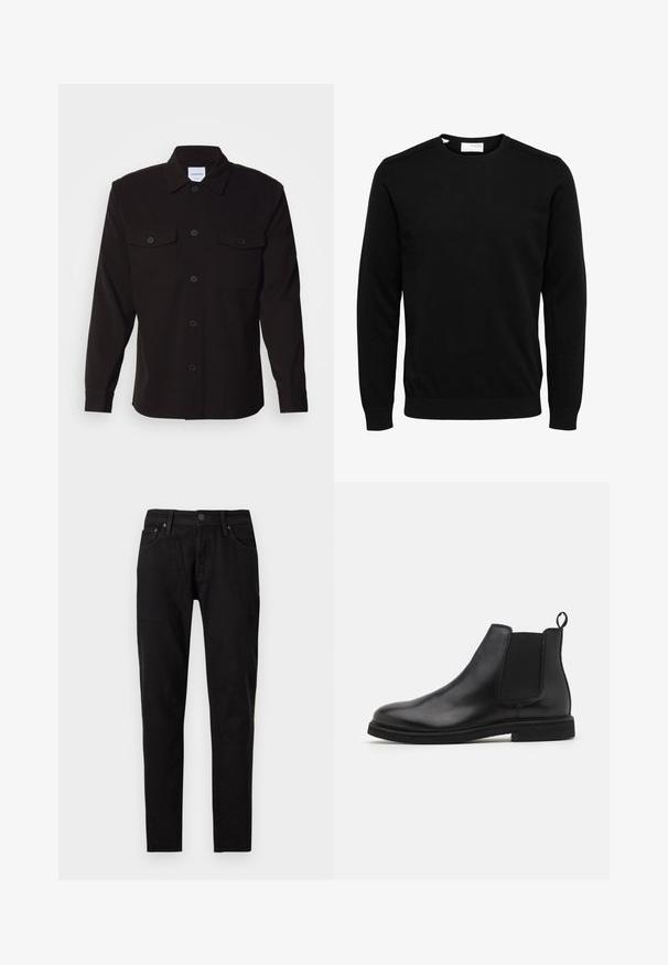 Sort langærmet rundhals sweater med ribbet manchetter og kant, vist mod en hvid baggrund.; Sort skjorte med lange ærmer, knaplukning foran, to brystlommer og en struktureret krave. Fremstillet af et ensartet stof med en glat tekstur.; Sorte slim-fit jeans med frontknap og lynlås lukning, bæltestropper og to forlommer synlige på en hvid baggrund.; Sorte læder Chelsea støvler med elastiske sidepaneler og en træksløjfe. Rund tå og flad gummisål, der fremviser en glat finish.