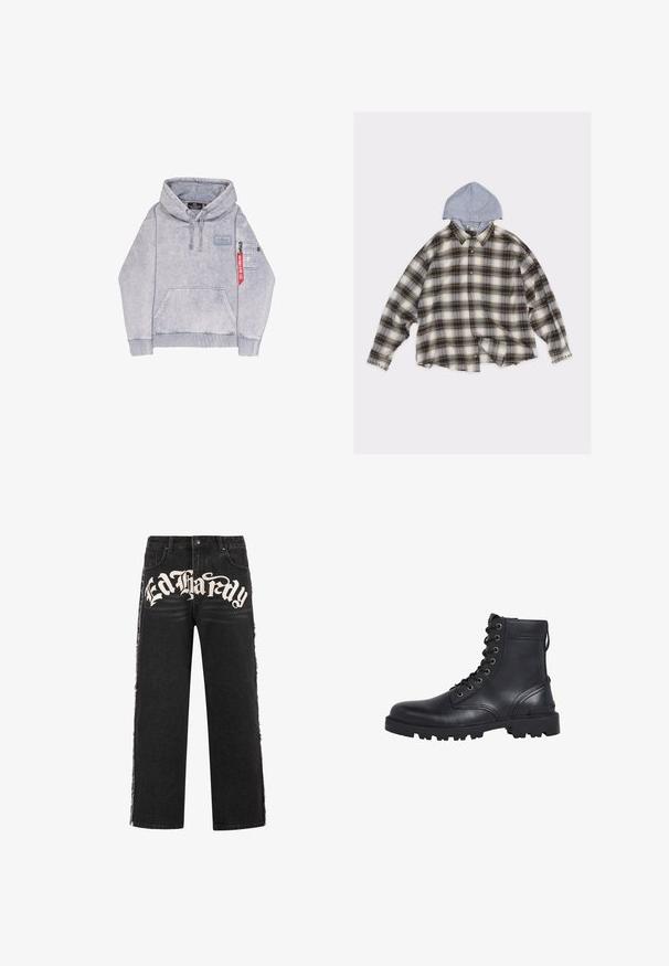 Grijze pullover hoodie van zachte stof met een voorzak, verstelbare trekkoordcapuchon en een zippered mouwzak met een rood label.; Flanellen overhemd in beige en bruin geruit patroon met een grijze capuchon. Heeft een oversized ontwerp, metalen studs op de kraag en knoopsluitingen.; Zwarte denim wijde jeans met gescheurde randen en opvallende witte "Ed Hardy" tekst aan de voorkant. Voorzien van een standaard knoopsluiting.; Zwarte leren enkelboots met een ronde neus, vetersluiting aan de voorkant en een profielzool voor grip. Voorzien van metalen oeiletters en een trekband.