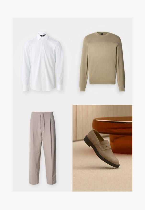 Beige-neuletakki, joka on valmistettu pehmeästä neuloskankaasta. Siinä on pyöreä pääntie, pitkät hihat ja teksturoitu resori olkapäillä. Hienovarainen logoyksityiskohta.; Valkoinen pitkähihainen paita, jossa on jäsennelty kaulus, hienovarainen teksturoitu kuvio, nappikiinnitys ja pyöreä helma.; Beiget, tekstuurilliset naruvetokseen tehtävät housut, joissa suorat lahkeet ja joustava vyötärönauha, valkoisella taustalla.; Beigenvärinen mokkanahkainen loafer mustalla pohjalla leijuu vaalean maton yllä, vieressä kiiltävä ruskea soikea kahvipöytä modernissa huoneessa.