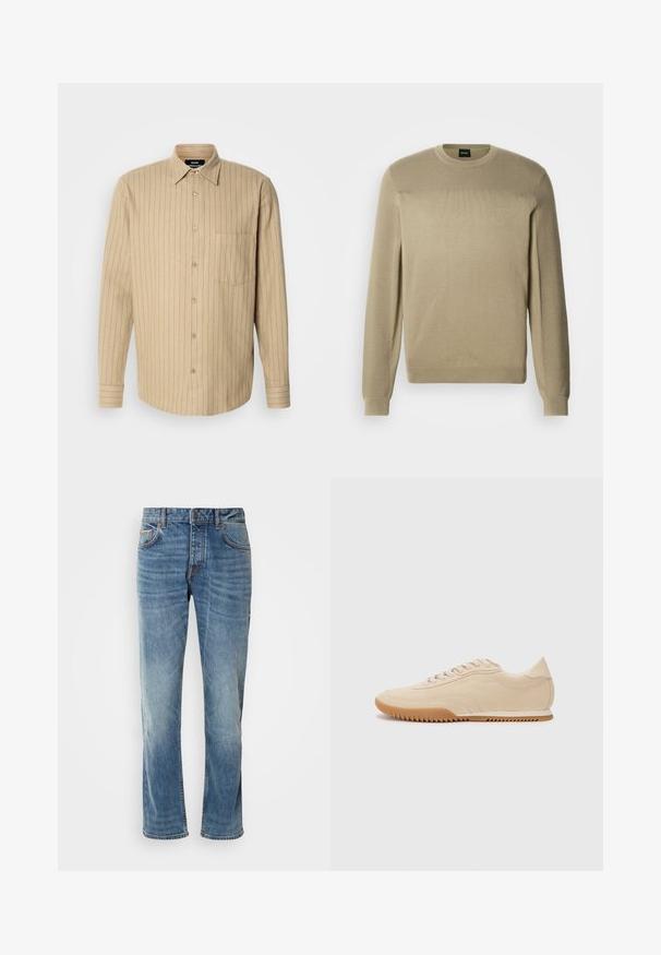 Beige sweater lavet af blødt strikket stof med rund halsudskæring, lange ærmer og struktureret rib på skuldrene. Diskret logo-detalje.; Beige skjorte med knapper og lodrette blå striber, lange ærmer, en enkelt brystlomme og klassisk krave. Blød stofstruktur.; Lyseblå denimbukser med lige ben, fem lommer, kontrasterende syninger og en falmet finish. Har en knap- og lynlåsåbning.; Beige ruskinds sneakers med et strømlinet design, der har et struktureret overdel, rund tå og en gummisål med et zigzag-mønster.