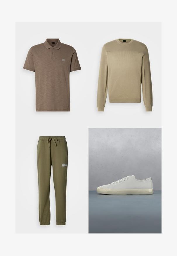 Pull beige en tissu tricoté doux, doté d'un col rond, de manches longues et d'une côte texturée aux épaules. Détail logo subtil.; Polo marron en tissu texturé, doté d'une patte de boutonnage à deux boutons et d'un discret écusson logo sur la poitrine gauche. Manches courtes incluses.; Pantalons de survêtement vert olive en tissu doux, avec une taille élastique dotée d'un cordon de serrage et un petit logo brodé à l'avant.; Baskets en cuir blanc avec lacets flottant au-dessus de carreaux en bois carrés et de petits cailloux, avec un arbre et un fond gris.