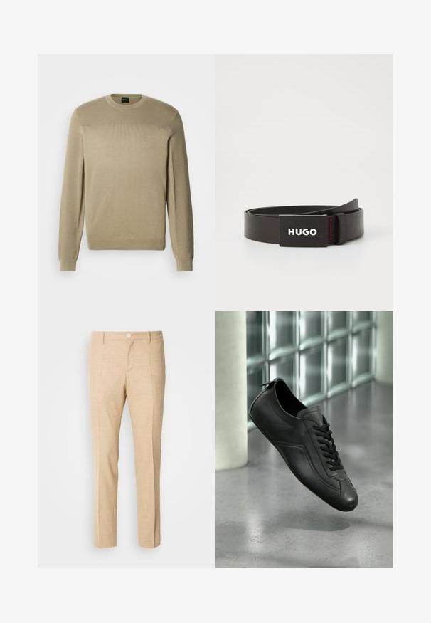 Beige sweater lavet af blødt strikket stof med rund halsudskæring, lange ærmer og struktureret rib på skuldrene. Diskret logo-detalje.; Beige skræddersyede bukser med en struktureret stof, lige ben-design, frontklapper og en enkelt knaplukning i taljen.; Sort læder sneakers med snørebånd svævende over en poleret betongulv ved siden af en glasstensvæg i et minimalistisk miljø.; Sort læderbælte med en tekstureret sort og hvid spænde med logoet "HUGO" og et rødt accentdetalje.