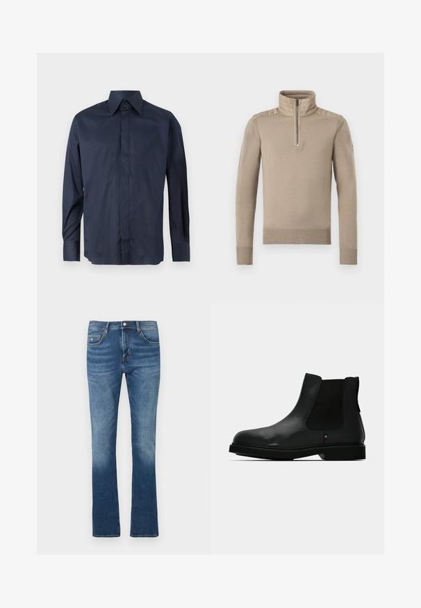 Beige langærmet sweater med quiltede skulderlapper, halv lynlås foran, høj krave og ribstrikkede manchetter og kant.; Marineblå skjorte med lange ærmer og spidse kraver, lavet af glat materiale. Har knaplukning og manchetter, ingen synlige mønstre eller grafik.; Blå denimjeans med lige ben, frontlommer og knaplukning. Har en lys-til-mørk gradient effekt.; Sort læder Chelsea-støvle med elastiske sidepaneler, rund tå og tekstureret overdel. Har en flad gummisål og diskret mærkedetalje.
