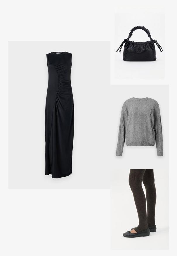 Suéter gris de punto trenzado con cuello redondo, mangas largas y puños y dobladillo acanalados. Textura suave y corte holgado.; Vestido maxi negro sin mangas con detalles drapeados en el costado, confeccionado en una tela suave; cuenta con un escote redondo y una silueta ajustada.; Piernas con leggings oscuros acanalados combinados con bailarinas negras que presentan pequeños detalles de lazo sobre un fondo blanco.; Bolso negro con textura de cocodrilo, borde superior fruncido, asa recogida y cordones con borlas en cada lado sobre un fondo blanco.