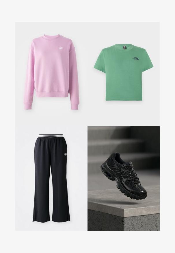Roze sweatshirt met een ronde hals, geribbelde manchetten en zoom, en een klein wit logo op de linkerborst. Zacht materiaal en een relaxte pasvorm.; Groen T-shirt met korte mouwen en een ronde hals, met een klein zwart The North Face-logo op de linkerborst.; Zwarte sportbroeken met een wijde pijpdesign, een elastische tailleband met zwart-witte strepen en zijslits aan de zoom.; Zwarte Nike hardloopschoen met mesh en synthetische bovenkant die boven een betonnen oppervlak en trappen op de achtergrond zweeft.