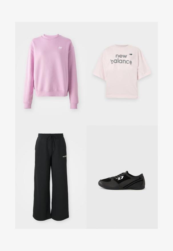 Roosa kapuutsiga sweatshird, kus on ümmargune kaelus, ribaga mansetid ja alläär ning väike valge logo vasakul rinnal. Pehme kangas ja lõdva lõikega.; Hele-roosa lühikeste varrukatega T-särk, millel on tekst "new balance" ja väikene must "NB" logo rinnal keskel.; Mustad laiad dressipüksid, mis on valmistatud pehmest kangast, elastse vöökohtaga ja paelaga ning väikese logo vasakul küljel.; Mustad sportkingad seemisnahast ja sünteetilisest pealsest, millel on tekstureeritud disain, ümar nina ja lame tald. Hõbedane logo küljele kinnitatud.