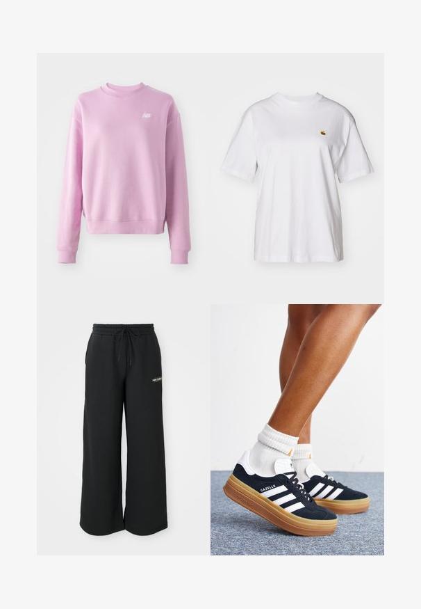 Roze sweatshirt met een ronde hals, geribbelde manchetten en zoom, en een klein wit logo op de linkerborst. Zacht materiaal en een relaxte pasvorm.; Witte katoenen t-shirt met een relaxte pasvorm, korte mouwen en een klein geborduurd logo op de linkerborst.; Zwarte sweatpants met wijde pijpen, gemaakt van zachte stof. Ze hebben een elastische tailleband met een trekkoord en een klein logo aan de linkerkant.; Ben met witte sokken en zwarte Adidas Gazelle sneakers met witte strepen en dikke bruine zolen op een grijs tapijt.