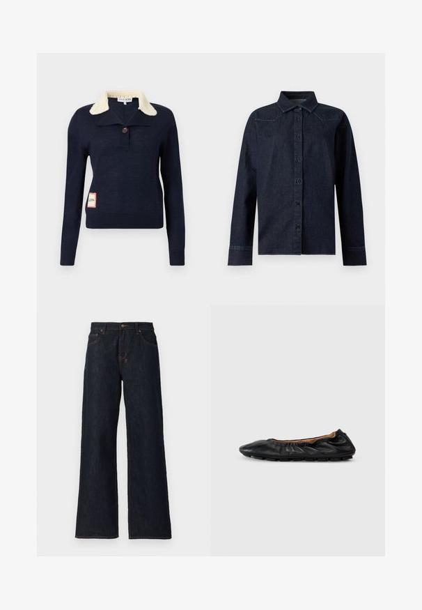 Navyblauer Pullover mit langen Ärmeln, cremefarbenem, strukturiertem Kragen, einem einzelnen Knopf am Hals und einem kleinen rechteckigen Aufnäher an der unteren Seite.; Dunkelblaues Denim-Hemd mit langen Ärmeln, Knopfleiste vorne, spitzem Kragen und einfachen Nahtdetails an Schultern und Manschetten.; Dunkelblaue weit geschnittene Jeans aus Denim, mit orangen Nähten, zwei Gesäßtaschen und einem Knopfverschluss am Bund.; Schwarze Leder-Ballettschuhe mit gerafften Details am Kragen, runder Spitze und flexiblem Gummisohle. Ganze Oberfläche mit glatter Textur.