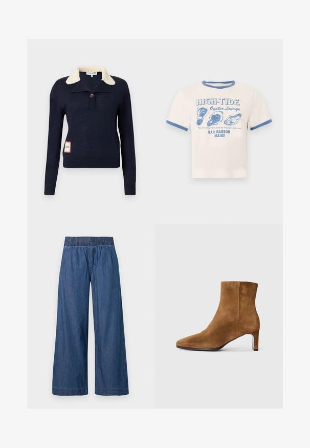 Pull bleu marine à manches longues avec col texturé crème, un bouton simple au niveau du cou, et une petite pièce rectangulaire sur le côté inférieur.; T-shirt crème avec bordure bleue présentant le texte « HIGH-TIDE Oyster Lounge » et trois illustrations de coquilles d'huîtres bleues, en référence à Bar Harbor, Maine.; Pantalon en jean bleu à jambes larges avec taille élastique et coutures avant subtiles sur un fond uni.; Bottine en daim marron avec un bout pointu et un talon moyen slim, vue de côté sur fond blanc uni.