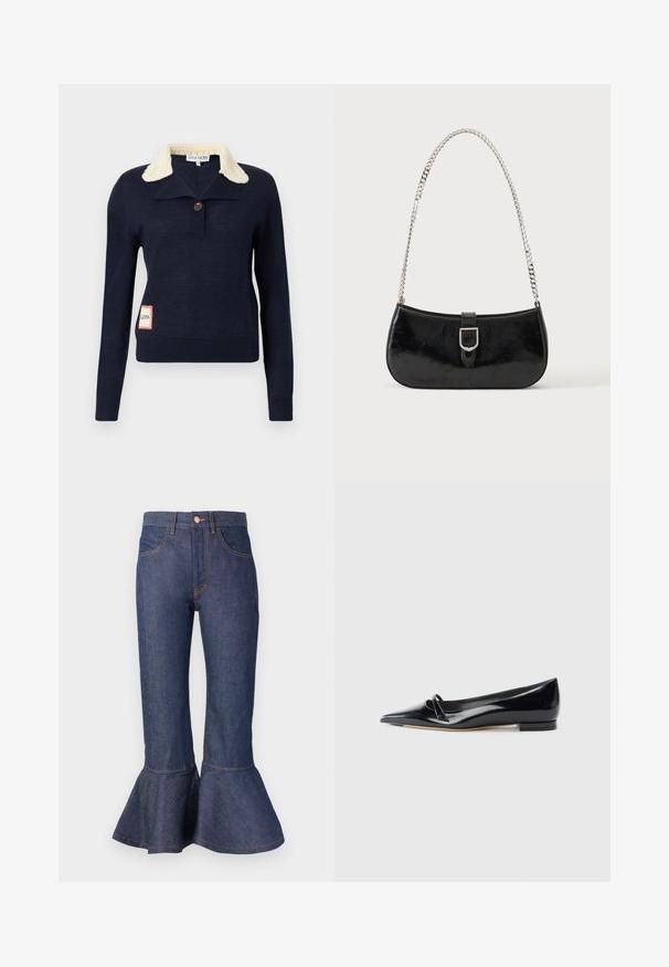 Suéter azul marino de manga larga con cuello texturizado color crema, un solo botón en el cuello y un pequeño parche rectangular en la parte inferior lateral.; Jeans de mezclilla azul oscuro de pierna acampanada con un dobladillo con volantes, cinco bolsillos y costuras de contraste en color naranja. Cintura de altura media con cierre de botón en el frente.; Zapato plano de charol negro con punta afilada, pequeña tira decorativa y tacón bajo. Textura suave y diseño elegante.; Bolso de hombro de charol negro con detalle de hebilla plateada y correa de cadena plateada, presentado sobre un fondo liso y claro.