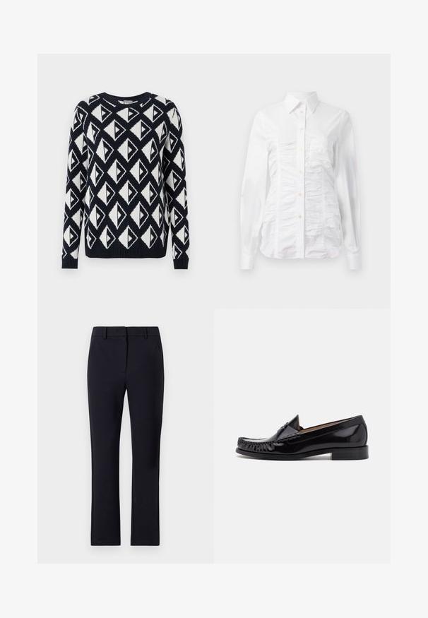 Strikket sweater i marineblå og hvid med et geometrisk trekantet mønster. Har en rund halsudskæring samt ribbede manchetter og kant.; Hvid skjorte med lange ærmer, der har en rynket tekstur på fronten, små gyldne knapper og en klassisk krave.; Marineblå skræddersyede bukser med flad front, bæltestropper, to sidelommer og lige ben. Lavet af et glat stof.; Sorte læder moccasin sko med en skinnende finish, der har frynsedetaljer langs fronten og en lav stabelhælk.