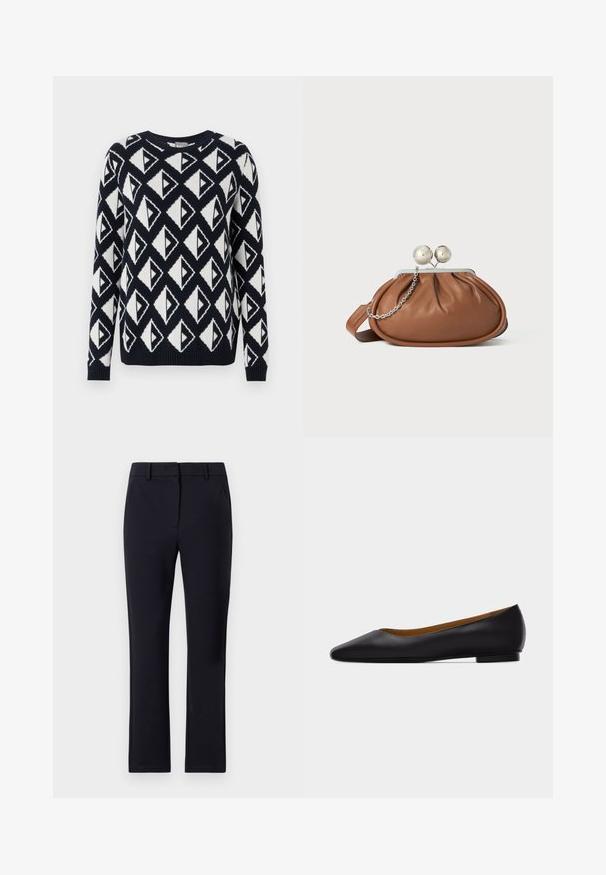 Strikket sweater i marineblå og hvid med et geometrisk trekantet mønster. Har en rund halsudskæring samt ribbede manchetter og kant.; Marineblå skræddersyede bukser med flad front, bæltestropper, to sidelommer og lige ben. Lavet af et glat stof.; Sort læder flad sko med spids tå, lav hæl og glat finish, vist fra siden på en lysegrå baggrund.; Brun læder clutch-pung med sølv kugleklap og en lille sølv kædedetalje på en hvid baggrund.