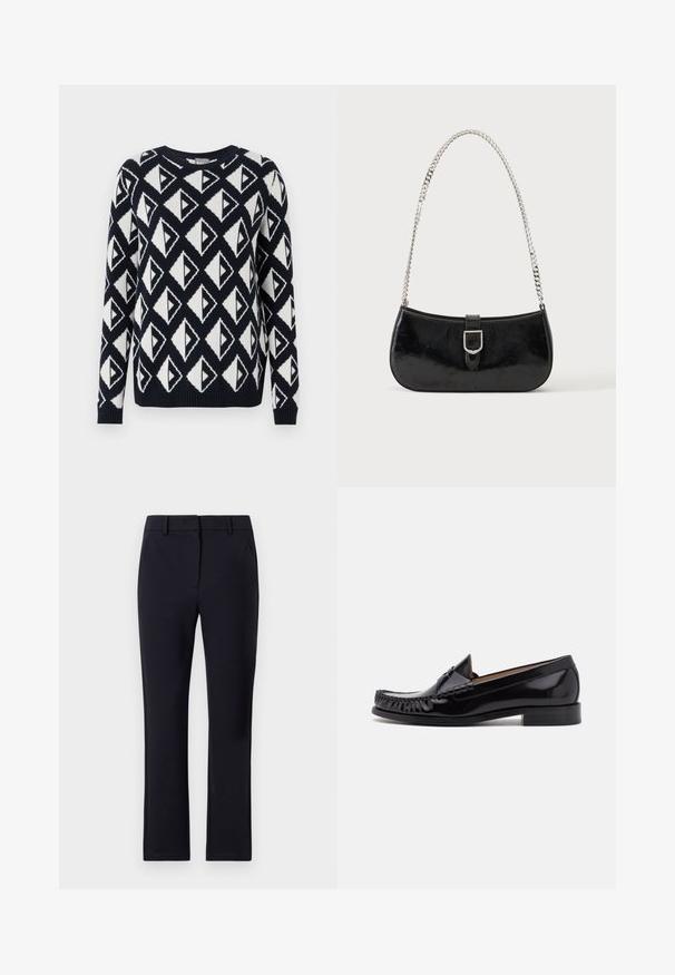 Strikket sweater i marineblå og hvid med et geometrisk trekantet mønster. Har en rund halsudskæring samt ribbede manchetter og kant.; Marineblå skræddersyede bukser med flad front, bæltestropper, to sidelommer og lige ben. Lavet af et glat stof.; Sorte læder moccasin sko med en skinnende finish, der har frynsedetaljer langs fronten og en lav stabelhælk.; Sort skuldertaske i laklæder med sølv spænde og sølv kæderem, vist mod en ensartet lys baggrund.