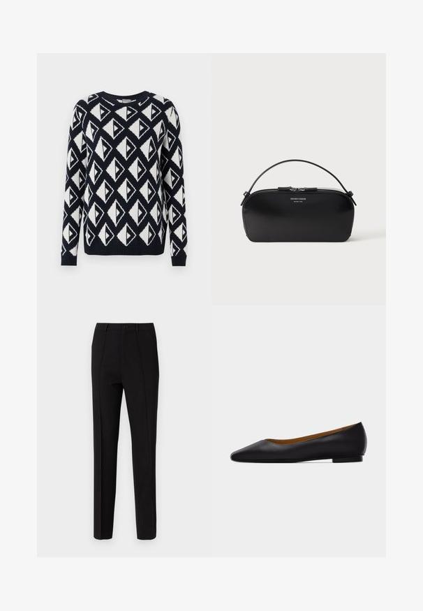 Pull en tricot bleu marine et blanc avec un motif géométrique en triangles. Il présente un col rond ainsi que des poignets et un ourlet côtelés.; Pantalon noir à coupe slim, doté d'une fermeture à bouton, de deux poches latérales et d'une texture de tissu lisse. Des rayures verticales sont visibles.; Chaussure plate en cuir noir à bout pointu avec talon bas et finition lisse, vue de côté sur un fond gris clair.; Petit sac bracelet en cuir noir avec fermeture éclair argentée et poignée courte, logo Emporio Armani Milano 1981 embossé sur le devant.