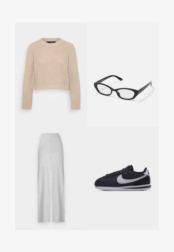 Beige striktrøje med rund halsudskæring, drop shoulder-design og ribbede kanter. Struktureret stof og cropped længde.; Lysegrå ribbede bukser med bredt ben og høj talje samt en frontsplit. Fremstillet af blødt stof med en glat tekstur.; Sort atletisk sko med grå accenter, glat syntetisk overdel, tekstureret sål, afrundet tå og flade snørebånd. Klassisk design med logodetalje.; Katteøje briller med en blank mørk skildpadde plastisk ramme, der har buede arme og klare linser. Minimal branding på siden.