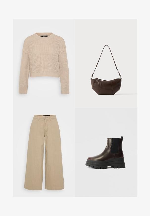 Pull en tricot beige avec un col rond, design à épaules tombantes et bords côtelés. Tissu texturé et longueur raccourcie.; Pantalons larges beige en mélange de coton, dotés de plis sur le devant, d'une fermeture à bouton et de deux poches latérales pour la fonctionnalité.; Bottine en cuir marron avec des panneaux élastiques sur les côtés, semelle plateforme noire épaisse et tirette. Présente une finition lisse et un motif de semelle robuste.; Sac à bandoulière en cuir marron avec un fond incurvé et une sangle réglable sur un fond clair uni.