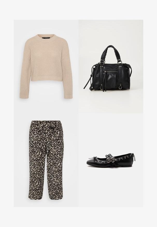Beige gebreide trui met een ronde halslijn, drop shoulder ontwerp en geribbelde randen. Gestructureerde stof en cropped lengte.; Leopardprint broek met een zachte stof, wijde pijpen en een tailleband met strik. Het patroon bestaat uit zwarte vlekken op een beige achtergrond.; Zwarte platte balletschoen met dubbele gespsluitingen, zilveren oogjes en een klein strikje nabij de afgeronde neus op een witte achtergrond.; Zwarte gestructureerde neplederen handtas met gevlochten hengsels, zilveren hardware accenten en een zak met rits aan de voorkant. Compact ontwerp met een afneembare schouderriem.