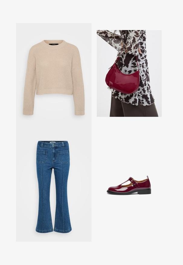 Pull en tricot beige avec un col rond, design à épaules tombantes et bords côtelés. Tissu texturé et longueur raccourcie.; Jean en denim bleu taille haute avec poches à rabat à l'avant, coutures sur les jambes et une légère évasement aux chevilles.; Chaussure Mary Jane en cuir verni bourgogne avec un bout arrondi, une bride T, une boucle ajustable et un petit talon carré. Texture lisse et design simple.; Femme portant un chemisier à motif noir et blanc tenant un sac à main rouge brillant sur un fond uni.