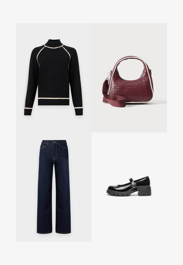 Schwarzer Pullover mit hohem Kragen, der cremefarbene Akzente entlang der Schultern und des Saums aufweist. Hergestellt aus einem weichen, strukturierten Stoff.; Dunkelblaue weit geschnittene Jeans aus Denim, mit hoher Taille, vier Taschen und kontrastierenden Nähten entlang der Nähte.; Schwarzer lackleder Mary Jane Schuh mit einem klobigen Absatz, runder Spitzenform und einem Riemen mit einer herzförmigen Schnalle.; Dunkelrote gewebte Ledertasche mit gebogenem Griff, weißem Besatz, silbernem Reißverschluss und abnehmbarem breitem Stoff-Schulterriemen vor einfarbigem Hintergrund.