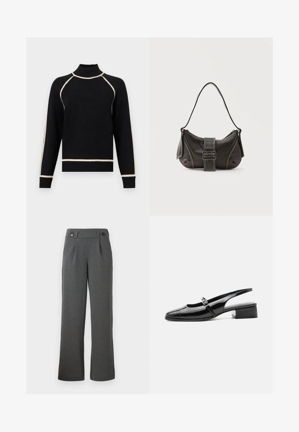 Sorte sweater med høj krave, der har cremefarvede detaljer langs skuldrene og kanten. Fremstillet af et blødt, tekstureret stof.; Grå brede bukser lavet af struktureret stof, med høj talje, frontfolder og to knapper i taljen.; Sort laklæderslingback-sko med lav blokhæl og tynd rem med sølvspænde over toppen.; Sort læder skuldertaske med spænde på remmen, afrundede kanter og kontrasterende hvide syninger på en ensfarvet baggrund.