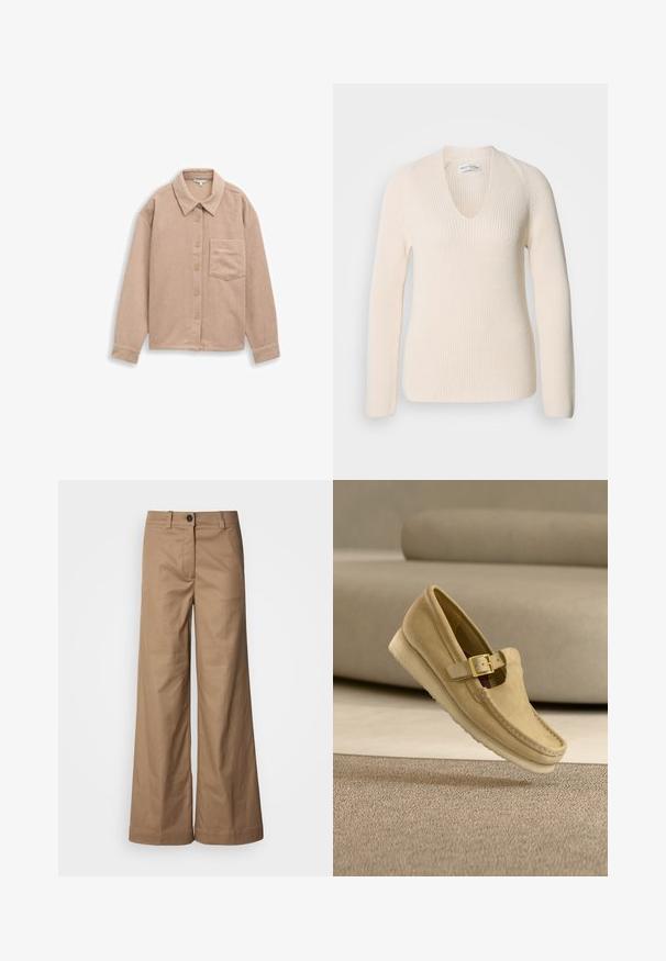 Cremefarvet strikket sweater med V-udskæring, lange ærmer og ribbet struktur, der har en afslappet pasform og ingen synlige mønstre eller accenter.; Beige corduroy skjortejakke med krave, fem-knaps lukning og en enkelt brystlomme. Blød tekstur med lodret ribb.; Bredde benbukser lavet af glat, tan stof. Har en frontlukning med knap, bæltestropper og sidelommer. Rene linjer uden synlige mønstre.; Beige ruskindsløfler med en guldspænde, detaljerede syninger og en crepesål, vist på et tekstureret tæppe med en beige sofa i baggrunden.