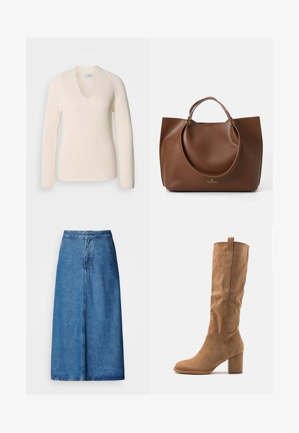 Pull en tricot couleur crème avec un col en V, des manches longues et une texture côtelée, offrant une coupe décontractée sans motif ni accents visibles.; Jupe midi en denim à coupe décontractée, avec une taille haute, un ourlet effiloché et une couleur bleu uni. Design simple sans ornements visibles.; Botte en daim beige hauteur genou avec un talon bloc, présentant des accents cousus et une silhouette épurée pour un look moderne.; Sac fourre-tout en cuir brun avec une texture lisse, de grandes poignées circulaires, présentant un design minimaliste et un logo embossé à la base.